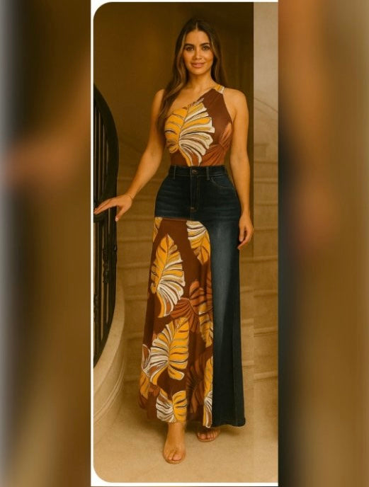 Denim brown set skirt and body under strap shirt